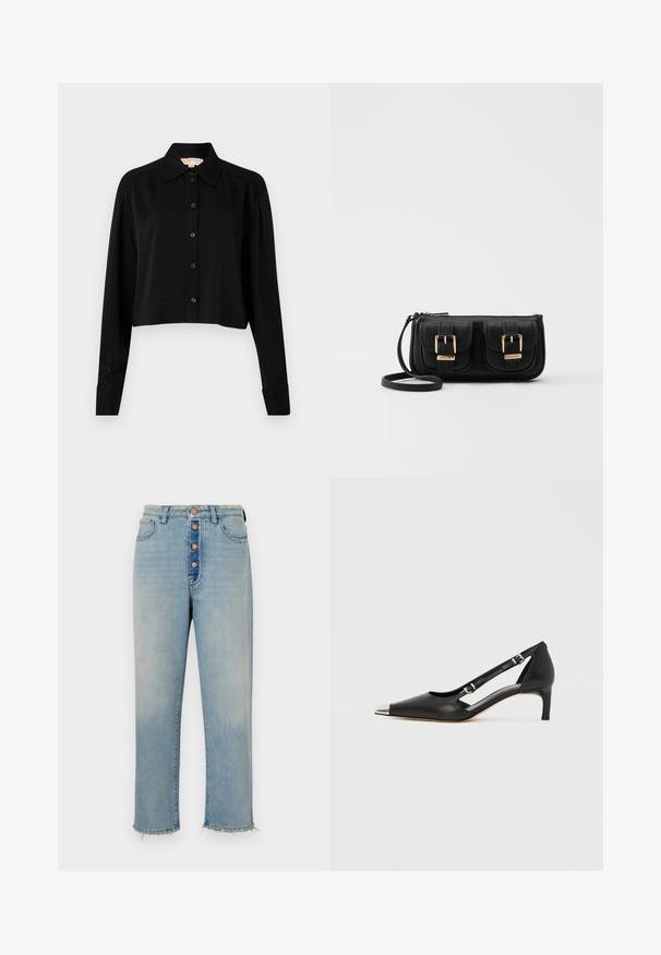 Juodas trumpas marškinėliai su ilgomis rankovėmis, smailiu apykakle ir mygtukų priekyje. Pagamintas iš lygaus audinio su laisvu siluetu ir apverčiamos rankovėmis.; Šviesiai mėlynos džinsinės kelnės su aukšta juosmens linija, penkių mygtukų užtrauktuku ir nusidėvėjusia apatine dalimi. Turi užpakalines kišenes ir laisvą, tiesius kojų siluetą.; Juodos odos bateliai su žemu kulniuku, smailiu sidabro spalvos pirštinės gaubtu ir dvigubais dirželiais, ant balto fono.; Juodas odinis per petį nešiojamas krepšys su dviem priekiniais kišenėmis, auksiniais sagtimis, užtrauktuko uždarymu ir siauromis petnešomis. Textūruota paviršius ir kompaktiškas stačiakampis formatas.