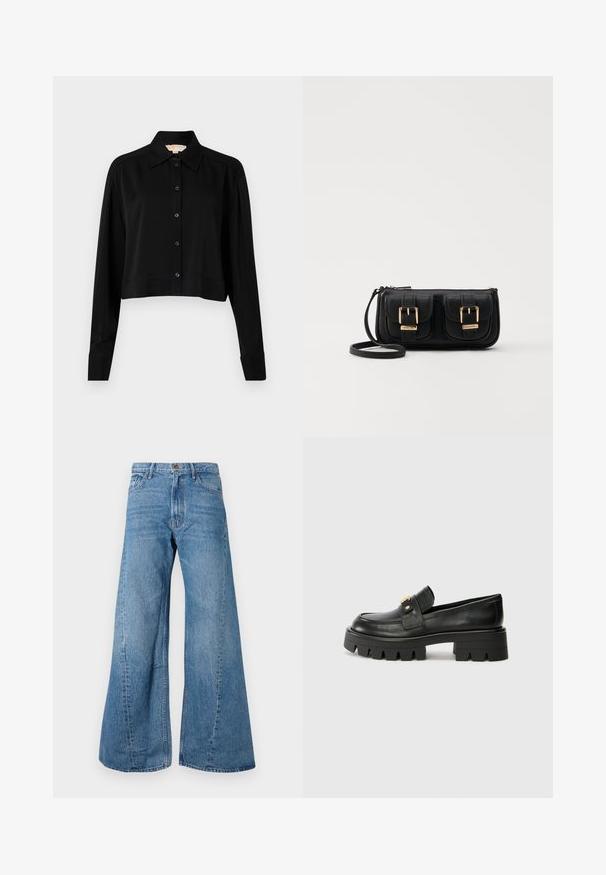 Must must shirt, mille pikkade varrukatega, terava kraega ja nööpidega esiosas. Valmistatud siledast kangast, millel on mugav lõige ja mansetiga varrukad.; Laiad sinised denimpüksid kõrge vöökohtadega, klassikalise viie taskuga stiiliga ning kerge pleekimise detailidega, et lisada tekstuuri.; Mustast nahkfrontaalid, millel on paks tald, esiosas kullatooni aksent ja sile viimistlus. Talse paksu mustriga disain.; Must küllastamata nahast õlakott, millel on kaks esist nähtavat taskut, kuldsed pandlad, tõmblukuga sulgemine ja peen rihm. Tekstuuriga pind ja kompaktne ristkülikukujuline kuju.