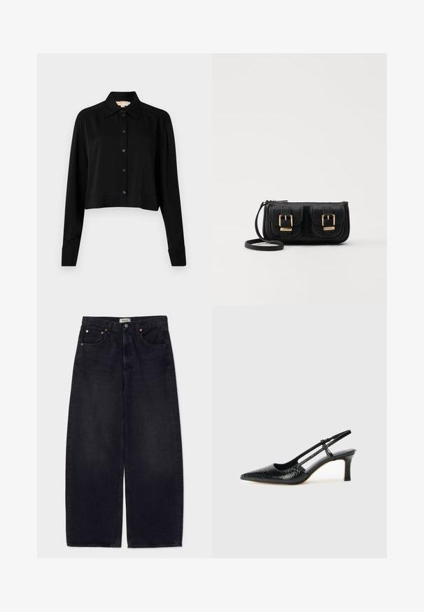 Black cropped shirt with long sleeves, a pointed collar, and button front. Made from smooth fabric with a relaxed fit and cuffed sleeves.; Agolde LOW CURVE - Relaxed fit jeans - black tar; Black patent slingback heel with a pointed toe, featuring textured snake print, adjustable strap, and a short, textured block heel.; Black leather crossbody bag with two front pockets, gold buckles, zipper closure, and a slim strap. Textured surface and compact rectangular shape.