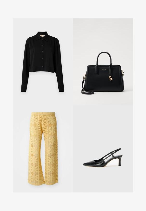 Chemise noire courte à manches longues, col pointu et fermeture par boutons. Fabriquée en tissu lisse avec une coupe décontractée et des manches à poignets.; Pantalon en crochet jaune avec un motif floral, coupe large, et une taille élastique avec un design en maille ouverte texturée.; Escarpin slingback en vernis noir avec un bout pointu, présentant un imprimé serpent texturé, une sangle réglable et un petit talon bloc texturé.; Sac à main en cuir noir avec un design structuré, deux poignées supérieures, une bandoulière amovible, des accessoires en or et un pendentif avec le logo.