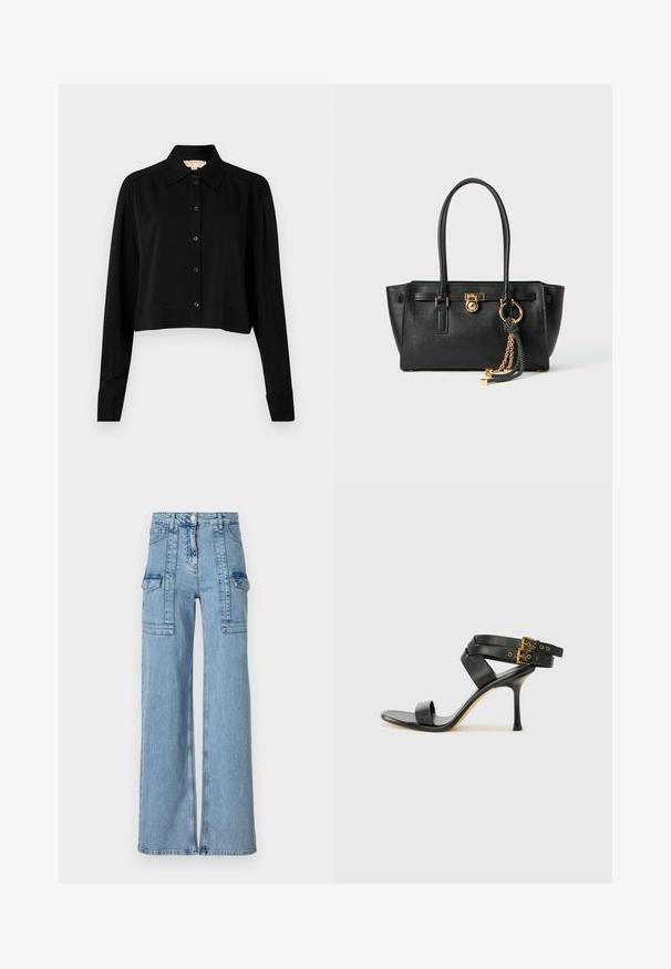 Svart kortärmad skjorta med lång ärm, spetsig krage och knappstängning. Tillverkad av slät tyg med lös passform och uppvikta ärmar.; Ljust blå jeans med vida ben och hög midja, flera fickor och rak passform. Har en dragkedja fram för en unik stil.; Svart klack-sandal med korsade remmar och justerbar spänne. Har en slät textur och en taperad stilettklack.; Svart läderhandväska med dubbla handtag, guldlås och kedjedetalj, samt svart-vit tofsaccessoar mot vit bakgrund.