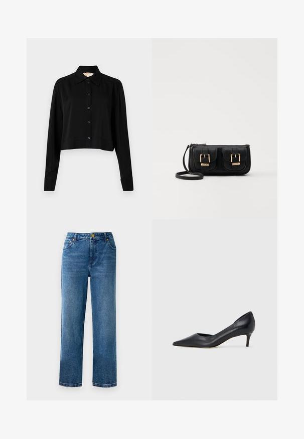 Svart forkortet skjorte med lange ermer, spiss krage og knappelukking foran. Laget av glatt stoff med en avslappet passform og oppbrettede ermer.; Blå høyderte bukser med rett benkutt, laget av denim, med fem lommer og detaljer i gullfarget metall.; Sort lærpumps med spiss tupp og lav hæl. Har en jevn tekstur og subtil glans. Åpen utskjæring foran for ekstra detalj.; Svart skinn crossbody veske med to frontlommer, gyldne spenner, glidelåslukking og en slank stropp. Teksturert overflate og kompakt rektangulær form.