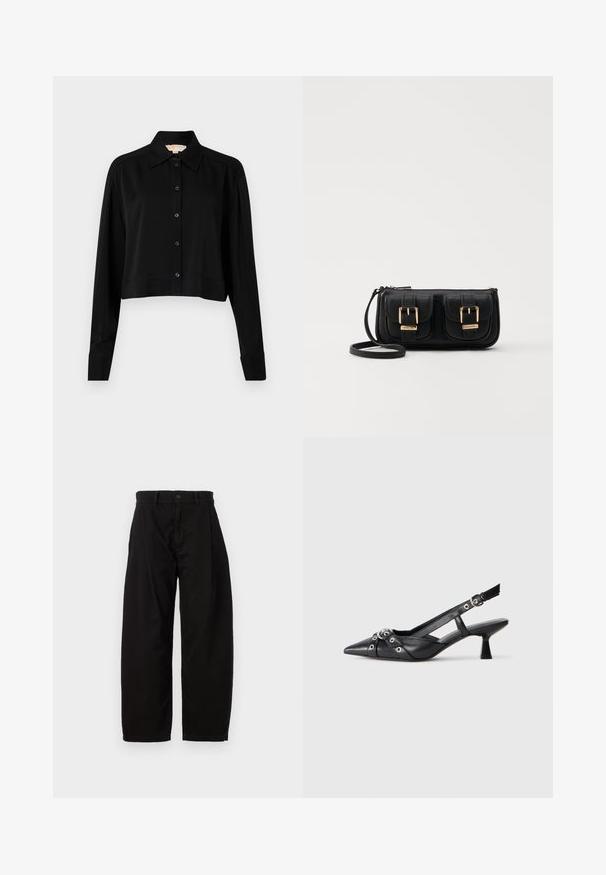 Černá zkrácená košile s dlouhými rukávy, špičatým límcem a předním zapínáním na knoflíky. Vyrobena z hladké látky s volnějším střihem a manžetami.; Černé, široké kalhoty vyrobené z bavlny s knoflíkem a zipem, s předními sklady a bočními kapsami.; Černé kožené slingback boty s špičatou špičkou, dekorativními pásky s kovovými očky a nízkým blokovým podpatkem. Texturovaný povrch.; Černá kožená crossbody taška se dvěma předními kapsami, zlatými přezkami, zipovým uzávěrem a štíhlým popruhem. Texturovaný povrch a kompaktní obdélníkový tvar.