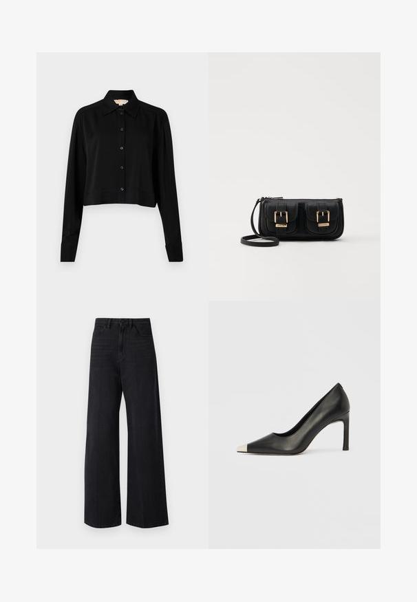 Black cropped shirt with long sleeves, a pointed collar, and button front. Made from smooth fabric with a relaxed fit and cuffed sleeves.; Black wide-leg jeans made from denim. High waist with a button closure and five pockets. Smooth texture with subtle fading along the legs.; Black leather high heel shoe with a pointed toe and a metallic silver cap. Features a smooth finish and a slender 10 cm heel.; Black leather crossbody bag with two front pockets, gold buckles, zipper closure, and a slim strap. Textured surface and compact rectangular shape.