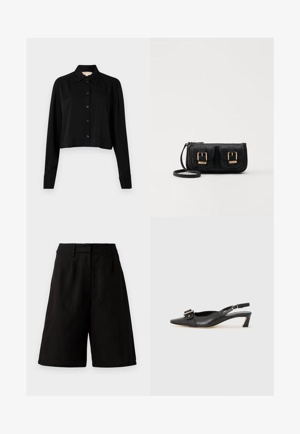 Črni kratki top z dolgimi rokavi, s končnim ovratnikom in gumbi spredaj. Narejen iz gladkega materiala z sproščenim krojem in manšeti na rokavih.; Črne kratke hlače ohlapnega kroja, izdelane iz lahkotnega materiala z gladko teksturo. Imajo ravno elastiko in minimalne detajle.; Črne usnjene slingback čevlje z ostrim nosom, majhnim petam in dekorativno sponko na zgornjem delu. Gladka tekstura, minimalistična zasnova.; Črna usnjena torbica čez ramo z dvema sprednjima žepoma, zlatimi zaponkami, zadrgo in ozkim pasom. Tekstura površine je strukturirana, obliko pa ima kompaktno pravokotno.