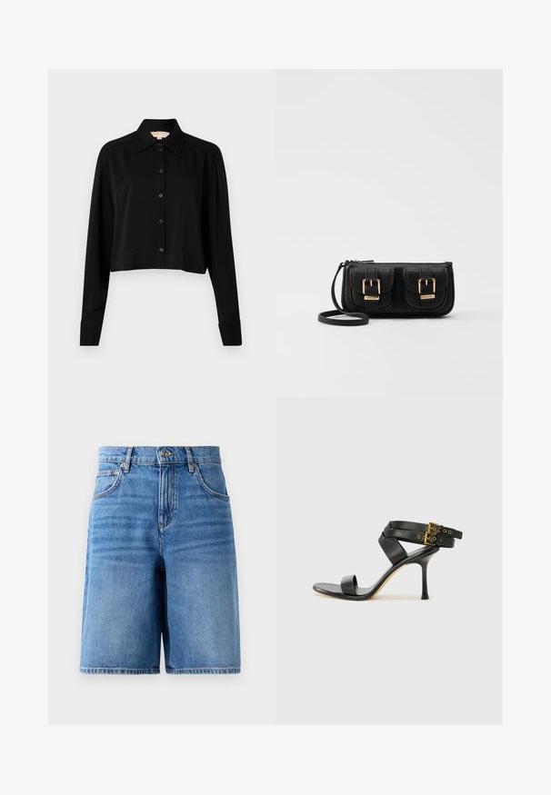 Black cropped shirt with long sleeves, a pointed collar, and button front. Made from smooth fabric with a relaxed fit and cuffed sleeves.; Denim shorts in light blue, featuring a high waist, wide leg design, five pockets, and stitched detailing along the edges.; Black heeled sandal with crossed straps and adjustable buckle. Features a smooth texture and tapered stiletto heel.; Black leather crossbody bag with two front pockets, gold buckles, zipper closure, and a slim strap. Textured surface and compact rectangular shape.