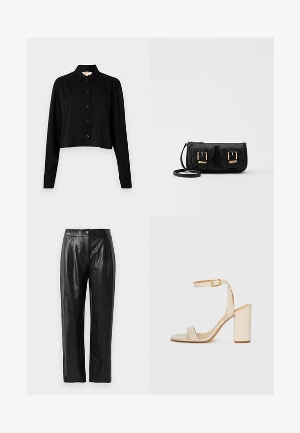 Must must shirt, mille pikkade varrukatega, terava kraega ja nööpidega esiosas. Valmistatud siledast kangast, millel on mugav lõige ja mansetiga varrukad.; Mustad kunstnahk püksid, millel on tekstureeritud pind, laiad sääred, ees voldid ja üks nupuga kinnitamine vöökohal.; Beez värvi kõrge kontsaga sandaal ruudukujulise varba, peene pahkluu rihma ja plokknupuga. Sile nahk текстuur kuldse pandlaga detailiga.; Must küllastamata nahast õlakott, millel on kaks esist nähtavat taskut, kuldsed pandlad, tõmblukuga sulgemine ja peen rihm. Tekstuuriga pind ja kompaktne ristkülikukujuline kuju.