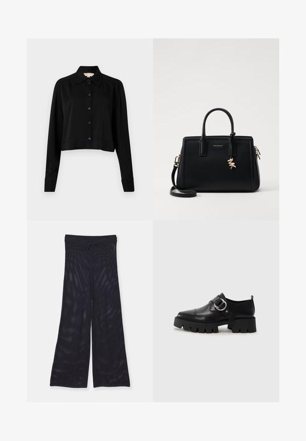 Chemise noire courte à manches longues, col pointu et fermeture par boutons. Fabriquée en tissu lisse avec une coupe décontractée et des manches à poignets.; Pantalons noirs, amples et à jambe large, fabriqués en tissu en maille respirant. Dotés d'une taille élastique avec un cordon de serrage pour un ajustement.; Chaussures noires en cuir avec une semelle épaisse et côtelée, présentant un accent en métal argenté circulaire et des détails de couture minimalistes.; Sac à main en cuir noir avec un design structuré, deux poignées supérieures, une bandoulière amovible, des accessoires en or et un pendentif avec le logo.