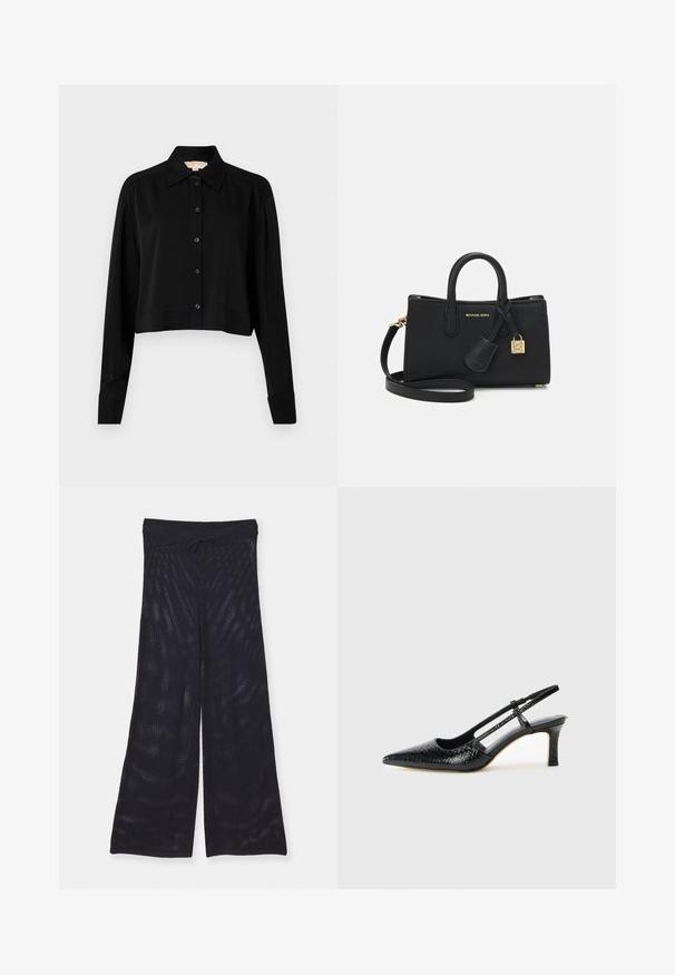 Sort cropped skjorte med lange ærmer, spidse krave og knaplukning foran. Fremstillet af glat stof med en afslappet pasform og manchetærmer.; Sorte, løstsiddende bukser med vidde fremstillet af et åndbart mesh-stof. Har en elastisk talje med snøre til justering.; Sorte patent slingback hæl med spids tå, prydet med tekstureret slangeskindsmønster, justerbar rem og en kort, tekstureret blokhæl.; Sort læderhandbag med et struktureret design, top-håndtag og en aftagelig skulderrem. Har guldhardware og et logo charm.