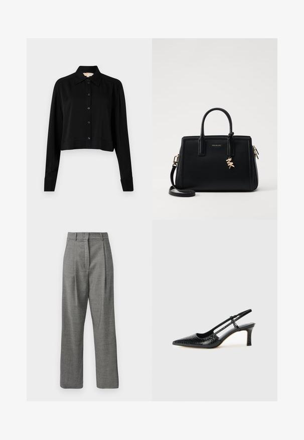 Čierna skrátená košeľa s dlhými rukávmi, špicatým golierom a zapínaním na gombíky. Vyrobená z hladkej látky s voľným strihom a manžetovými rukávmi.; Svetlošedé nohavice s vysokým pásom, malým kockovaným vzorom, prednými skladmi, pútkami na opasok a rovnými nohami na bielom pozadí.; Čierne patentové slingback topánky na ihlovom podpätku s špicatou špičkou, s textúrovaným hadím vzorom, nastaviteľným popruhom a krátkym, textúrovaným blokovým podpätkom.; Čierna kožená kabelka so štruktúrovaným dizajnom, dvojitými hornými uchami, odnímateľným ramenným popruhom, zlatými kovovými detailmi a akcentom logového prívesku.