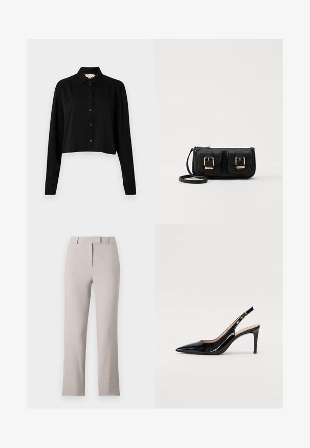 Fekete, rövid fazonú ing hosszú ujjakkal, hegyes gallérral és gombos elejével. Simító anyagból készült, laza szabású és megkötött ujjaival.; Beige vászonnadrág egyenes szárú dizájnnal, lapos elejével, övhurkokkal és finom textúrával. Nincsenek látható díszítések.; Fekete lakk bőr kötött magassarkú cipő, hegyes orral és karcsú sarokkal, finom kivágásos dizájnnal. Az övön arany csatt található.; Fekete bőr keresztbody táska két elülső zsebbel, arany csattokkal, cipzáras záródással és vékony pánttal. Textúrált felület és kompakt téglalap alak.