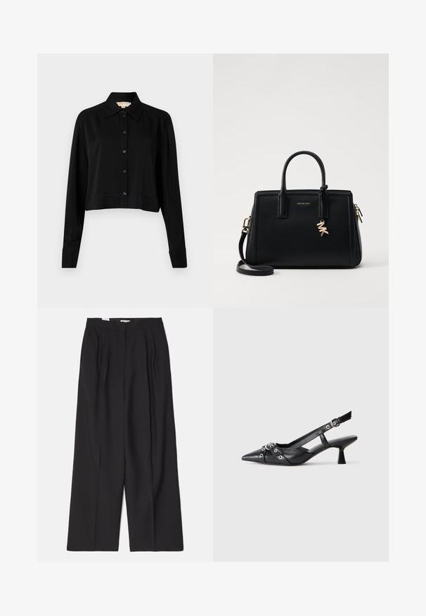 Černá zkrácená košile s dlouhými rukávy, špičatým límcem a předním zapínáním na knoflíky. Vyrobena z hladké látky s volnějším střihem a manžetami.; Bally Kalhoty - black; Černé kožené slingback boty s špičatou špičkou, dekorativními pásky s kovovými očky a nízkým blokovým podpatkem. Texturovaný povrch.; Černá kožená kabelka se strukturovaným designem, dvojitými horními uchy, odnímatelným ramenním popruhem, zlatými doplňky a akcentem ve formě logového charm.