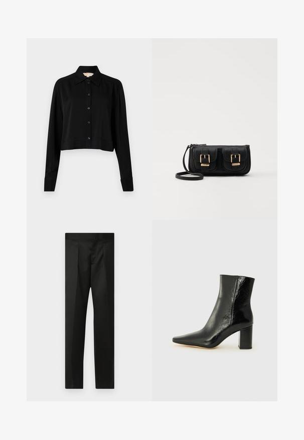 Melnas īsās piedurknes krekls ar garām piedurknēm, smailu apkakli un pogu aizdari. Izgatavots no gludas auduma ar brīvu piegriezumu un piedurkņu apakšām.; Melnas bikses ar gludu audumu, pielāgotu dizainu, taisnām kājām un platu jostu bez redzamām aizdaram vai kabatām.; Melna potīte, izgatavota no mirdzošas ādas, ar norādītu purngalu un masīlu kvadrāta papēdi. Iezīmes ir gluda tekstūra un minimālisma dizains.; Melnas ādas crossbody soma ar divām priekšējām kabatām, zelta sprādzēm, ar rāvējslēdzēju aizdari un šauru siksnu. Strukturēta virsma un kompakta taisnstūra forma.