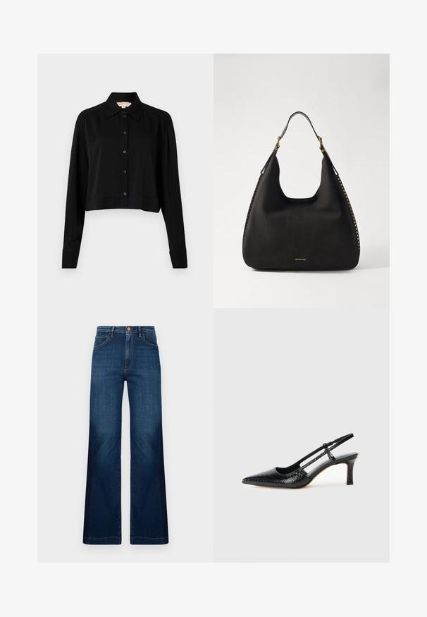 Črni kratki top z dolgimi rokavi, s končnim ovratnikom in gumbi spredaj. Narejen iz gladkega materiala z sproščenim krojem in manšeti na rokavih.; Široke temno modre kavbojke iz denima, z visokim pasom, sprednjimi žepi in kontrastnimi oranžnimi šivi.; Črne lakaste slingback pete s koničastim nosom, ki imajo teksturiran vzorec kačje kože, nastavljiv trak in kratek teksturiran blok peto.; MICHAEL Michael Kors NOLITA HOBO  - Torbica - black