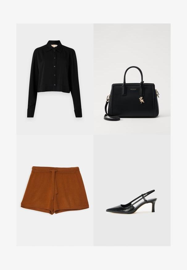 Melnas īsās piedurknes krekls ar garām piedurknēm, smailu apkakli un pogu aizdari. Izgatavots no gludas auduma ar brīvu piegriezumu un piedurkņu apakšām.; Biezi adīti šorti ar sasienamu jostu, kuriem ir mīksta tekstūra un vienkāršs dizains. Apakšmala ir apstrādāta ar šuvēm izturības nodrošināšanai.; Melna patent āda ar slīdošo papēdi un smailo purngalu, ar teksturētu čūsku drukājumu, regulējamu siksniņu un īsu teksturētu blokpapēdi.; Melnas ādas rokas soma ar strukturētu dizainu, dubultiem augšējiem rokturiem, noņemamu plecu siksnu, zelta aparatūru un logo piekariņu akcentu.