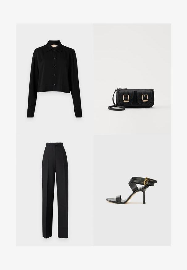 Cămașă neagră scurtă cu mâneci lungi, guler ascuțit și închidere cu nasturi. Fabricată dintr-un material neted, cu o croială lejeră și mâneci cu manșete.; Pantaloni negri cu talie înaltă, cu pliseuri, având un design potrivit și picioare drepte. Realizați dintr-un material neted, cu detalii minimale.; Sandalie negre cu toc, cu curele încrucișate și cataramă ajustabilă. Prezintă o textură netedă și un toc stiletto conic.; Geantă neagră din piele, tip crossbody, cu două buzunare frontale, catarame aurii, închidere cu fermoar și o curea subțire. Suprafață texturată și formă rectangulară compactă.
