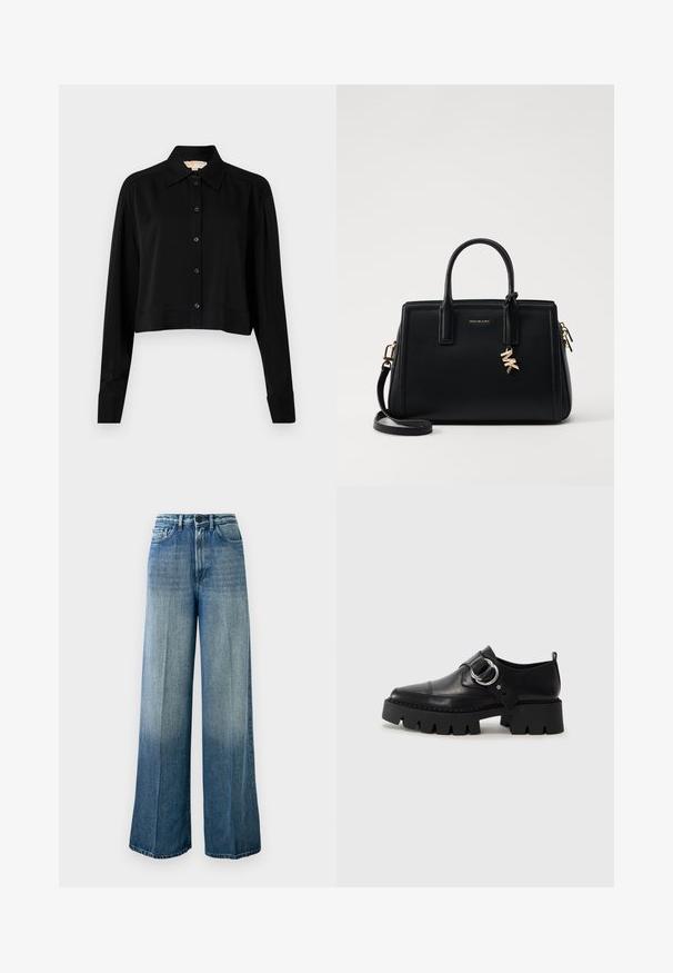 Chemise noire courte à manches longues, col pointu et fermeture par boutons. Fabriquée en tissu lisse avec une coupe décontractée et des manches à poignets.; Jean en denim bleu clair, à jambe large. Doté d'une taille haute, d'un design classique à cinq poches et d'un dégradé de couleur allant du foncé au clair.; Chaussures noires en cuir avec une semelle épaisse et côtelée, présentant un accent en métal argenté circulaire et des détails de couture minimalistes.; Sac à main en cuir noir avec un design structuré, deux poignées supérieures, une bandoulière amovible, des accessoires en or et un pendentif avec le logo.