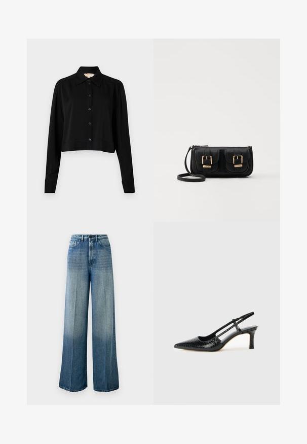 Camisa negra corta con mangas largas, cuello puntiagudo y botones en la parte delantera. Fabricada en un tejido suave con un corte holgado y mangas con puños.; Jeans de mezclilla de pierna ancha en azul claro. Presentan una cintura alta, diseño clásico de cinco bolsillos y un degradado desvaído de oscuro a claro.; Tacón slingback negro de charol con punta afilada, que presenta un estampado de serpiente texturizado, correa ajustable y un tacón bloque corto y texturizado.; Bolso cruzado de cuero negro con dos bolsillos frontales, hebillas doradas, cierre de cremallera y una correa delgada. Superficie texturizada y forma rectangular compacta.
