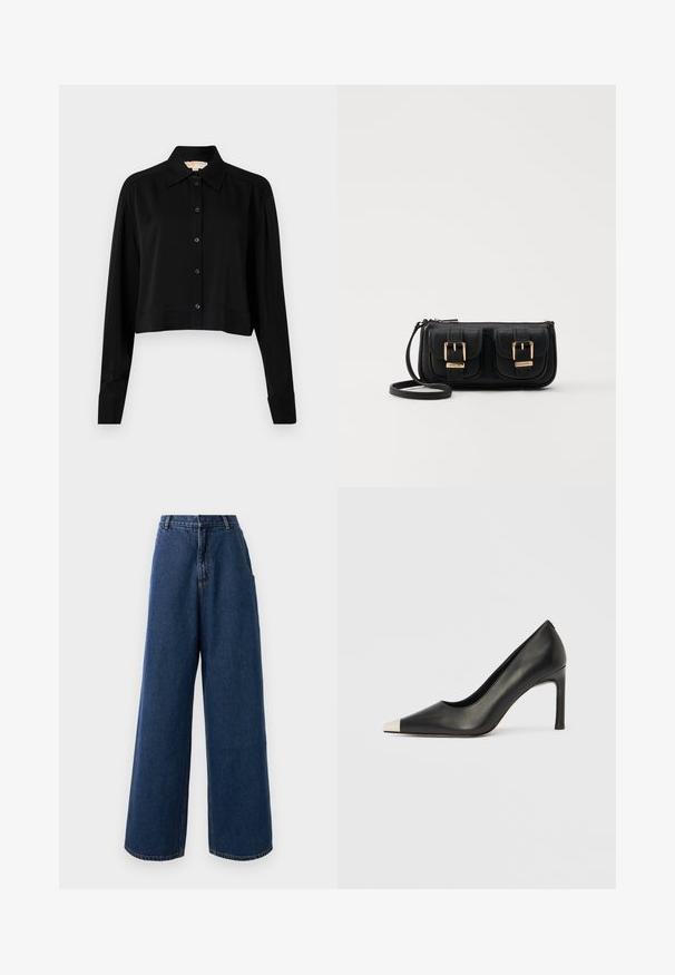 Black cropped shirt with long sleeves, a pointed collar, and button front. Made from smooth fabric with a relaxed fit and cuffed sleeves.; High-waist wide-leg jeans in dark blue denim with front button and zipper closure, belt loops, and side pockets.; Black leather high heel shoe with a pointed toe and a metallic silver cap. Features a smooth finish and a slender 10 cm heel.; Black leather crossbody bag with two front pockets, gold buckles, zipper closure, and a slim strap. Textured surface and compact rectangular shape.