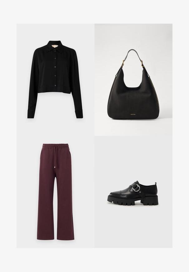 Musta lyhythihainen paita, jossa on pitkät hihat, terävä kaulus ja napitus edessä. Valmistettu sileästä kankaasta, rento istuvuus ja kyynärpäätakkikuhat.; Burgundiväriset leveälahkeiset housut, joissa on elastinen vyötärö, nyöri ja sivutaskut. Valmistettu pehmeästä, sileästä kankaasta, joka on löysästi istuva.; Musta nahkakengät, joissa on paksu, uurrettu pohja, ja pyöreä hopeanvärinen koriste sekä minimaalinen ompelu.; MICHAEL Michael Kors NOLITA HOBO  - Käsilaukku - black