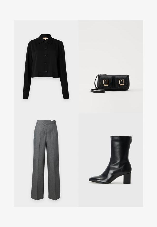 Juodas trumpas marškinėliai su ilgomis rankovėmis, smailiu apykakle ir mygtukų priekyje. Pagamintas iš lygaus audinio su laisvu siluetu ir apverčiamos rankovėmis.; Platus kelnes tamsiai pilkos spalvos audinyje, su aukštu liemeniu, priekiniais raukiniais ir viena mygtuko uždarymo sistema šone.; Juodų odinių kulkšninių botų su smailiu nosiu ir 4 cm pločio bloku. Išskirtinis dizainas pasižymi šoniniu užtrauktuku, leidžiančiu lengvai apsiauti. Lygi tekstūra.; Juodas odinis per petį nešiojamas krepšys su dviem priekiniais kišenėmis, auksiniais sagtimis, užtrauktuko uždarymu ir siauromis petnešomis. Textūruota paviršius ir kompaktiškas stačiakampis formatas.