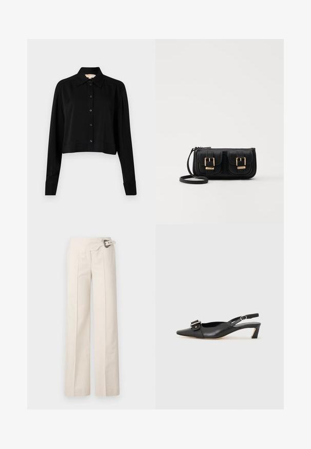 Fekete, rövid fazonú ing hosszú ujjakkal, hegyes gallérral és gombos elejével. Simító anyagból készült, laza szabású és megkötött ujjaival.; Homlokzati nadrág krémszínű, textúrált felületű anyagból. Oldalredők és dekoratív öv jellemzi, kör alakú csattal kiemelve.; Fekete bőr szandál kis sarkú, hegyes orral, díszes csattal a felsőrészen. Simább textúra, minimalista design.; Fekete bőr keresztbody táska két elülső zsebbel, arany csattokkal, cipzáras záródással és vékony pánttal. Textúrált felület és kompakt téglalap alak.
