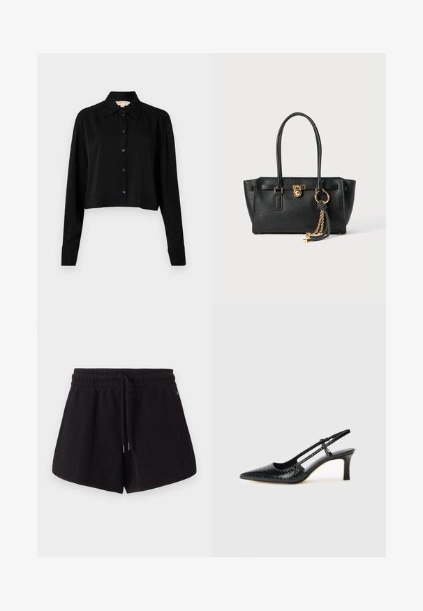 Czarna krótka bluzka z długimi rękawami, spiczastym kołnierzykiem i zapięciem na guziki. Wykonana z gładkiego materiału, ma luźny krój i mankiety.; Czarne spodenki sportowe wykonane z miękkiego materiału. Posiadają elastyczny pas z sznurkiem, boczne kieszenie oraz luźny krój.; Czarne lakierowane czółenka na obcasie typu slingback z wąskim noskiem, z teksturowanym wzorem wężowym, regulowanym paskiem oraz krótkim, teksturowanym obcasem w kształcie słupka.; Czarna skórzana torebka na podwójnych uchwytach, ze złotym zamkiem i łańcuszkiem, a także czarno-białym ozdobnym frędzlem na białym tle.