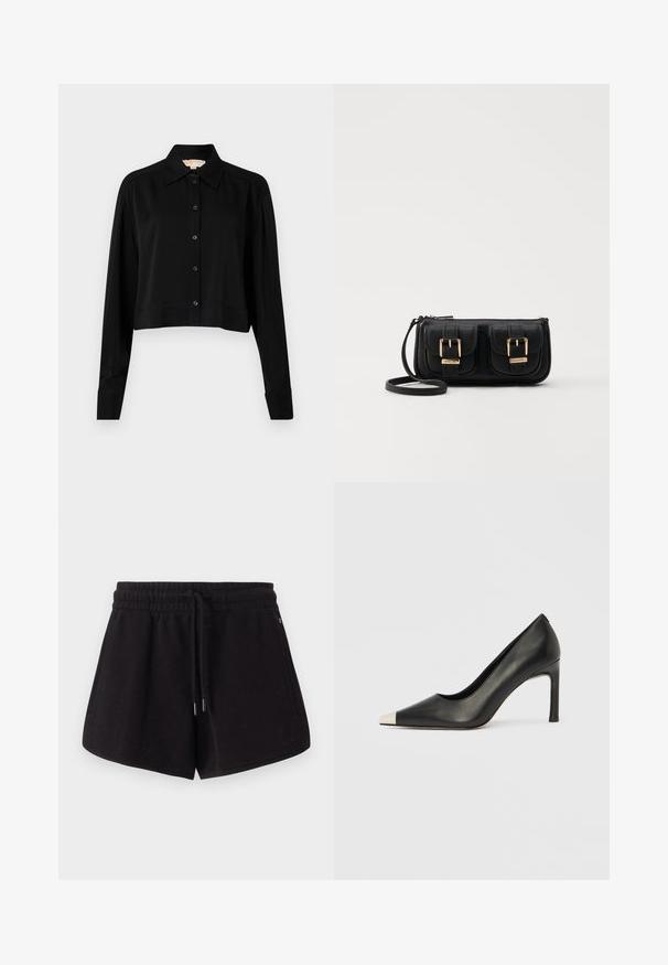 Must must shirt, mille pikkade varrukatega, terava kraega ja nööpidega esiosas. Valmistatud siledast kangast, millel on mugav lõige ja mansetiga varrukad.; Mustad must valgepüksid, mis on valmistatud pehmest kangast. Omab elastset vöökohta koos nööriga, küljetaskute ja mugava lõikega.; Mustast nahast kõrge kontsaga king terava varba ja metallik hõbedase otsikuga. Iseloomustab sile viimistlus ja sihvakas 10 cm konts.; Must küllastamata nahast õlakott, millel on kaks esist nähtavat taskut, kuldsed pandlad, tõmblukuga sulgemine ja peen rihm. Tekstuuriga pind ja kompaktne ristkülikukujuline kuju.