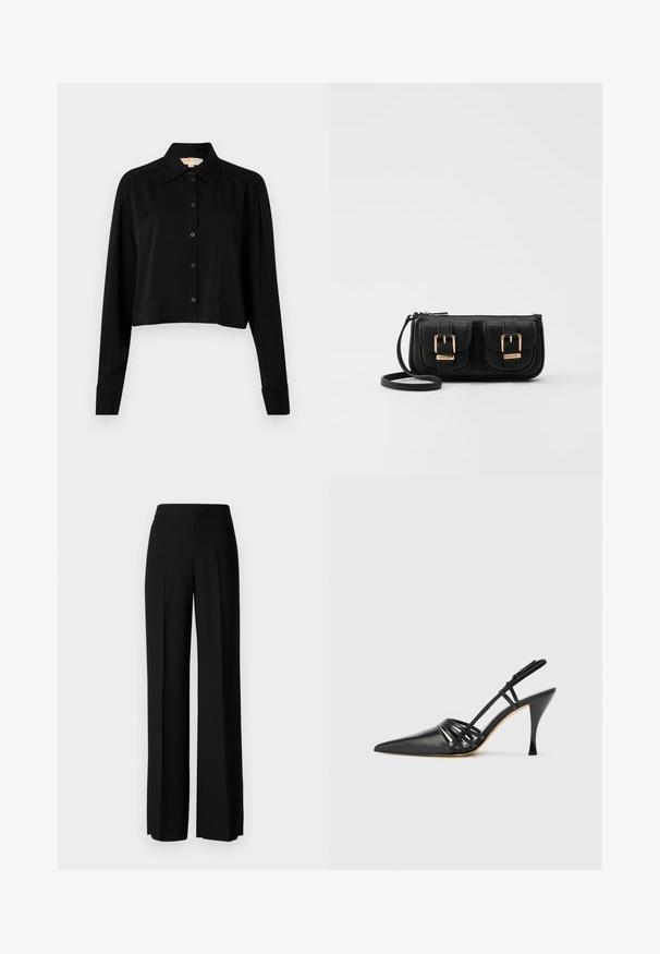 Musta lyhythihainen paita, jossa on pitkät hihat, terävä kaulus ja napitus edessä. Valmistettu sileästä kankaasta, rento istuvuus ja kyynärpäätakkikuhat.; Mustat leveälahkeiset housut, joissa on sileä pinta, korkea vyötärö ja keskiset laskokset. Ei näkyviä kuvioita tai metalliosia.; Mustat nahkakengät, joissa on korkea kantalukko, terävä kärki, ristikkäin menevät hihnat ja hoikka stiletto-korko. Tasainen pinta ja vähäiset korostukset.; Musta nahkainen olkalaukku, jossa on kaksi etutaskua, kultaiset soljet, vetoketjukiinnitys ja kapea hihna. Teksturoidun pinnan ja kompaktin suorakaiteen muoto.