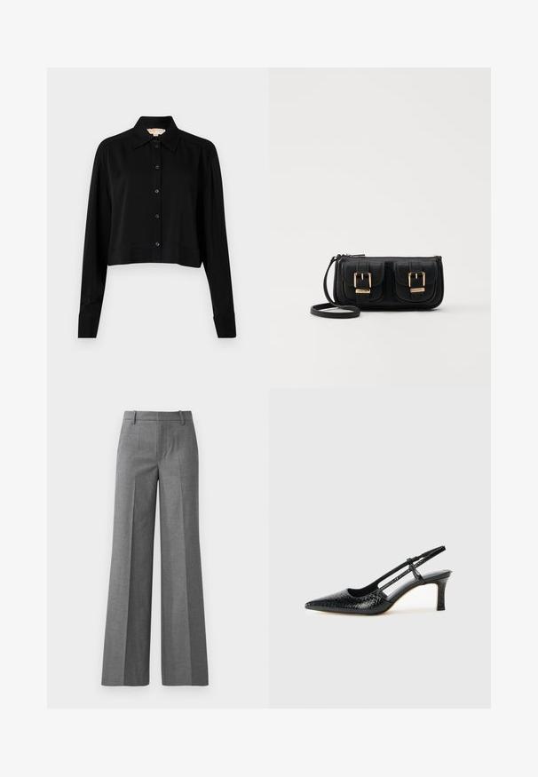 Melnas īsās piedurknes krekls ar garām piedurknēm, smailu apkakli un pogu aizdari. Izgatavots no gludas auduma ar brīvu piegriezumu un piedurkņu apakšām.; Pelēki platās kājas bikses no strukturēta auduma. Aprīkotas ar priekšējām krokām, pieguļošu jostasvietu un spīdīgu apdari, ideālas formālām situācijām.; Melna patent āda ar slīdošo papēdi un smailo purngalu, ar teksturētu čūsku drukājumu, regulējamu siksniņu un īsu teksturētu blokpapēdi.; Melnas ādas crossbody soma ar divām priekšējām kabatām, zelta sprādzēm, ar rāvējslēdzēju aizdari un šauru siksnu. Strukturēta virsma un kompakta taisnstūra forma.