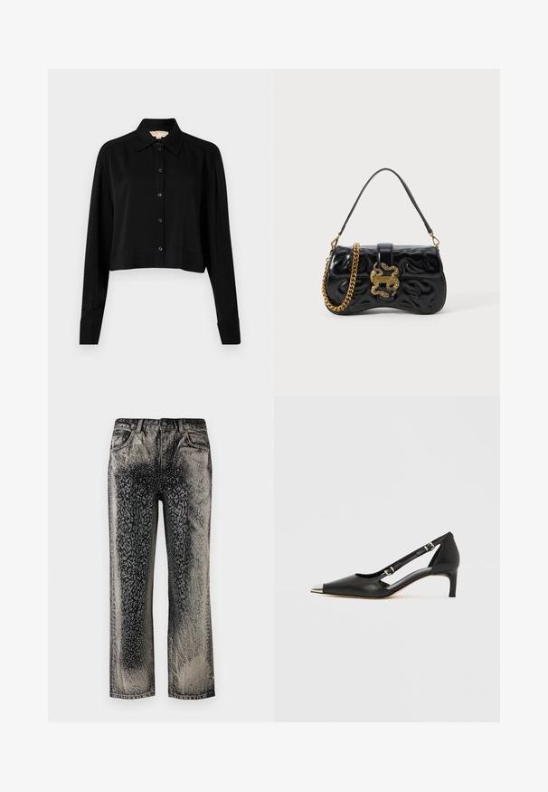 Must must shirt, mille pikkade varrukatega, terava kraega ja nööpidega esiosas. Valmistatud siledast kangast, millel on mugav lõige ja mansetiga varrukad.; Mustmust ja hallid teksapüksid, millel on täpikujuline, graadi kadumise muster ja peen geomeetriline disain ees ja külgedel.; Mustast nahast kassikontsaga king, millel on terava kujuga hõbedane nina ja topeltsõlmedega rihmad, valgel taustal.; Must beegi kunstnahast käekott, millel on sissepressitud lainemuster, kuldse tooni ahelhihn ja dekoratiivne madala kujuga lukustus, millel on logo detail.