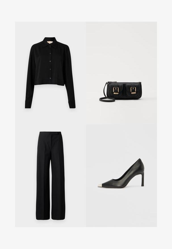 Zwarte cropped shirt met lange mouwen, een spitse kraag en een knoopsluiting aan de voorkant. Gemaakt van soepele stof met een ontspannen pasvorm en manchet-mouwen.; Wijde zwarte broek met een gladde, matte textuur. Plat tailleband zonder zichtbare hardware of patronen. Eenvoudig en elegant ontwerp.; Zwarte leren hoge hak met een spits toelopende neus en een metalen zilverkleurige kap. Heeft een gladde afwerking en een slanke hak van 10 cm.; Zwarte leren schoudertas met twee vo pockets, gouden gespen, ritsluiting en een smalle band. Tekstuur oppervlak en compacte rechthoekige vorm.