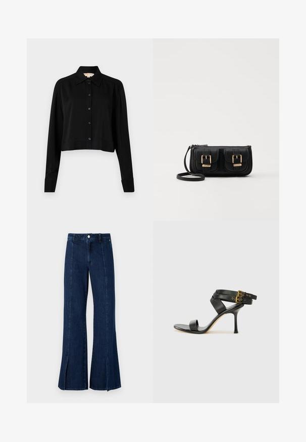 Black cropped shirt with long sleeves, a pointed collar, and button front. Made from smooth fabric with a relaxed fit and cuffed sleeves.; Wide-leg denim jeans in dark blue, featuring a high waist, slit at the hem, and classic five-pocket design with metal button closure.; Black heeled sandal with crossed straps and adjustable buckle. Features a smooth texture and tapered stiletto heel.; Black leather crossbody bag with two front pockets, gold buckles, zipper closure, and a slim strap. Textured surface and compact rectangular shape.