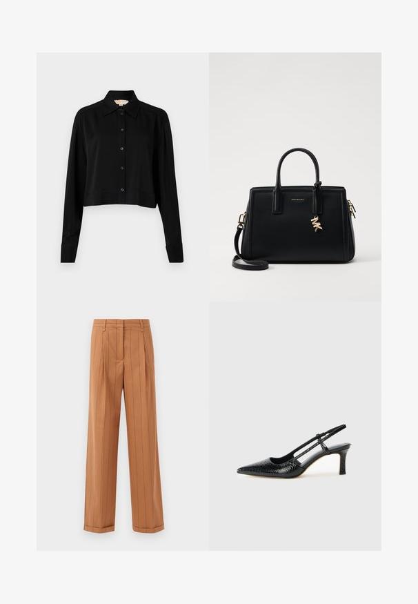 Juodas trumpas marškinėliai su ilgomis rankovėmis, smailiu apykakle ir mygtukų priekyje. Pagamintas iš lygaus audinio su laisvu siluetu ir apverčiamos rankovėmis.; Rudos dryžuoti kelnių su pritaikyta forma, pasižyminčios raukšlėmis, tiesiu kirpimu ir apdirbtu kraštu. Pagaminti iš lygios medžiagos.; Juodai lakuoti slingback aukštakulniai su smailiu nosiu, su tekstūruotu gyvatės raštu, reguliuojama juosta ir trumpu, tekstūruotu blokiniu kulnu.; Juodas odinis rankinė su struktūrizuotu dizainu, dviem viršutinėmis rankenėlėmis, nuimamu petiniu dirželiu, auksiniais akcentais ir logotipo pakabuku.