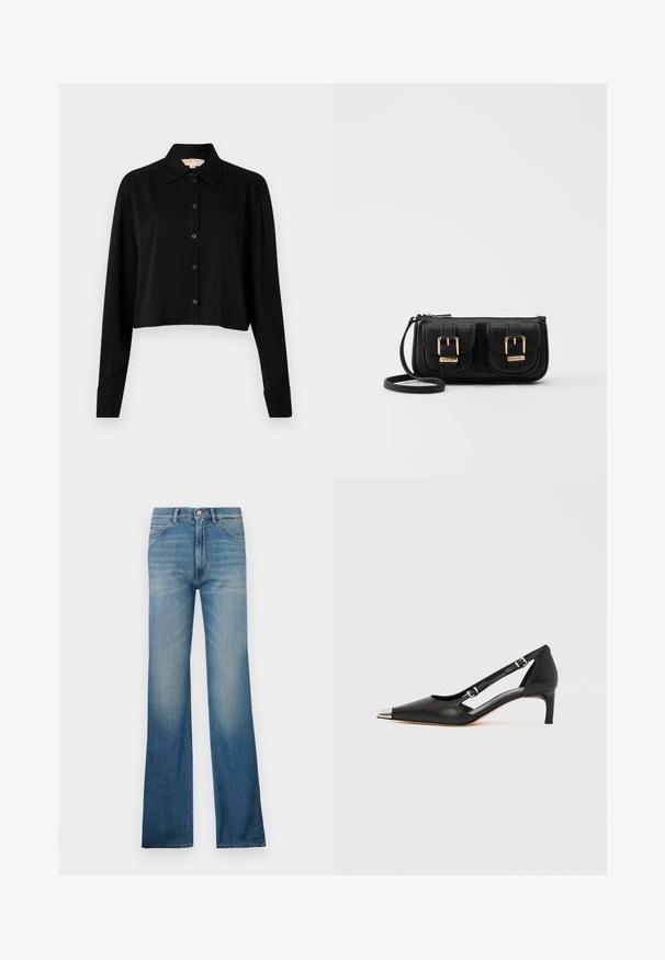 Camicia nera cropped con maniche lunghe, colletto a punta e chiusura con bottoni. Realizzata in tessuto morbido, con vestibilità rilassata e maniche a polsino.; Jeans a zampa d'elefante in jeans blu con un lavaggio chiaro, caratterizzati da un tradizionale design a cinque tasche e chiusura con bottone. Silhouette a gamba dritta.; Décolleté in pelle nera con tacco kitten, punta argentata appuntita e doppie cinghie con fibbia su sfondo bianco.; Borsa a tracolla nera in pelle con due tasche frontali, fibbie dorate, chiusura con zip e una tracolla sottile. Superficie texturizzata e forma rettangolare compatta.