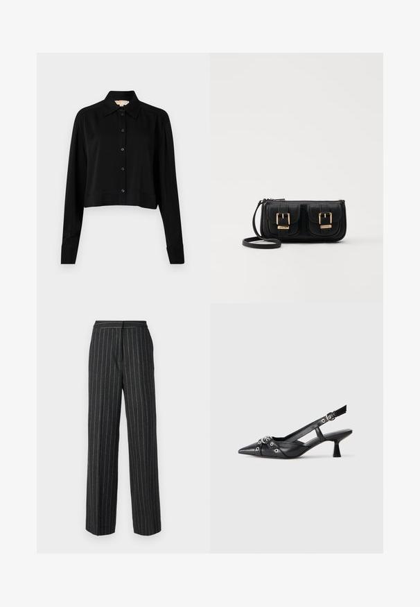 Melnas īsās piedurknes krekls ar garām piedurknēm, smailu apkakli un pogu aizdari. Izgatavots no gludas auduma ar brīvu piegriezumu un piedurkņu apakšām.; Tumši pelēki platās kājas bikses ar svītrām, izgatavotas no teksturēta auduma. Raksturīga taisna griezuma forma un klasiskā jostas dizains.; Melnas ādas šlipsveida kurpes ar norādītu purngalu, dekoratīvām joslām ar metāla acīm un zemu bloku papēdi. Teksturēta virsma.; Melnas ādas crossbody soma ar divām priekšējām kabatām, zelta sprādzēm, ar rāvējslēdzēju aizdari un šauru siksnu. Strukturēta virsma un kompakta taisnstūra forma.