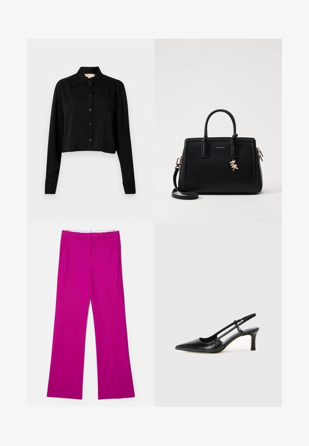 Zwarte cropped shirt met lange mouwen, een spitse kraag en een knoopsluiting aan de voorkant. Gemaakt van soepele stof met een ontspannen pasvorm en manchet-mouwen.; Fuchsia wijde broek met een gladde textuur, voorzien van voorkanten en een op maat gemaakte ontwerp voor een gestructureerde uitstraling.; Zwart patent slingback hak met een spitse neus, voorzien van een gestructureerde slangenprint, verstelbare band en een korte, gestructureerde blokhak.; Zwarte leren handtas met gestructureerd ontwerp, dubbele handvatten aan de bovenkant, afneembare schouderband, gouden hardware en een logo charm accent.