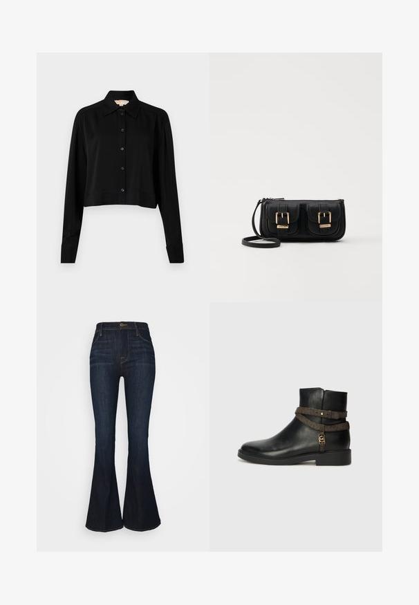Cămașă neagră scurtă cu mâneci lungi, guler ascuțit și închidere cu nasturi. Fabricată dintr-un material neted, cu o croială lejeră și mâneci cu manșete.; FRAME LE PIXIE HIGH FLARE - Blugi evazați - sutherland; Bocanci negri din piele la glezna, cu o talpă plată, având o curea cu model maroniu și detalii din metal de culoare aurie. Textură netedă.; Geantă neagră din piele, tip crossbody, cu două buzunare frontale, catarame aurii, închidere cu fermoar și o curea subțire. Suprafață texturată și formă rectangulară compactă.