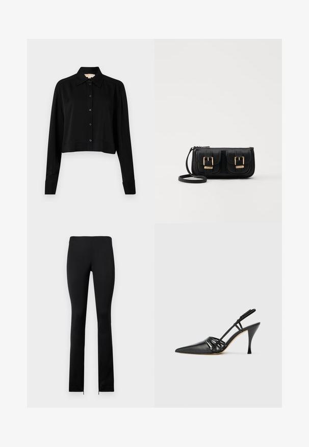 Camisa negra corta con mangas largas, cuello puntiagudo y botones en la parte delantera. Fabricada en un tejido suave con un corte holgado y mangas con puños.; Leggings negros ajustados con una textura suave, que cuentan con una cintura alta y cremalleras en los tobillos para facilitar su uso. Diseño simple y minimalista.; Zapato de tacón alto de charol negro con punta afilada, diseño de tiras entrecruzadas y tacón de aguja delgado. Textura suave y acentos mínimos.; Bolso cruzado de cuero negro con dos bolsillos frontales, hebillas doradas, cierre de cremallera y una correa delgada. Superficie texturizada y forma rectangular compacta.