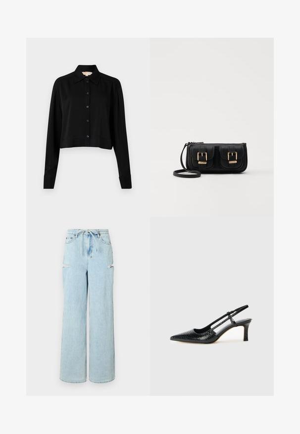 Must must shirt, mille pikkade varrukatega, terava kraega ja nööpidega esiosas. Valmistatud siledast kangast, millel on mugav lõige ja mansetiga varrukad.; Heledad sinine denim laiad püksid, millel on nöörivöö, kaks põlvekriipsu ja puhas ääre. Pehme tekstuur ja mugav lõige.; Mustmust paelad, millel on terav varvas, tekstuuriga maduprindiga, reguleeritav rihm ja lühike tekstuuriga plokknina.; Must küllastamata nahast õlakott, millel on kaks esist nähtavat taskut, kuldsed pandlad, tõmblukuga sulgemine ja peen rihm. Tekstuuriga pind ja kompaktne ristkülikukujuline kuju.