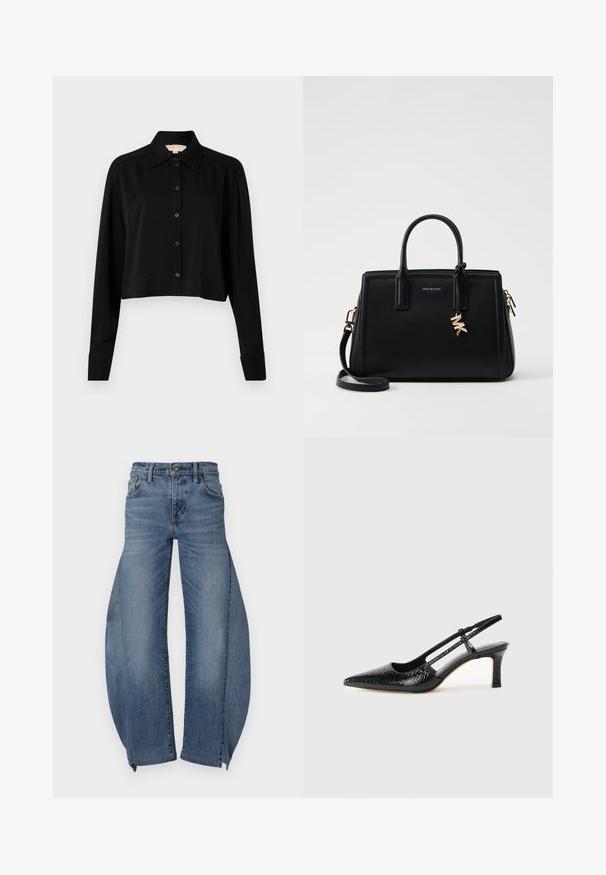 Sort cropped skjorte med lange ærmer, spidse krave og knaplukning foran. Fremstillet af glat stof med en afslappet pasform og manchetærmer.; Denimjeans i en lyseblå nuance med en løs, flagrende design og femlomme-stil. Benene har en unik bred skæring ved kanten.; Sorte patent slingback hæl med spids tå, prydet med tekstureret slangeskindsmønster, justerbar rem og en kort, tekstureret blokhæl.; Sort læder håndtaske med struktureret design, dobbelt top håndtag, aftageligt skulderrem, guld hardware og en logo charme accent.