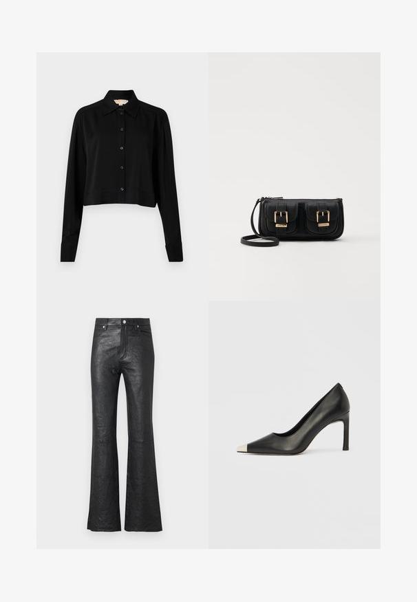 Black cropped shirt with long sleeves, a pointed collar, and button front. Made from smooth fabric with a relaxed fit and cuffed sleeves.; Black leather flared pants featuring a crinkled texture, high waist, front pockets, and a classic button closure with zip fly.; Black leather high heel shoe with a pointed toe and a metallic silver cap. Features a smooth finish and a slender 10 cm heel.; Black leather crossbody bag with two front pockets, gold buckles, zipper closure, and a slim strap. Textured surface and compact rectangular shape.
