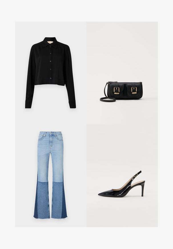 Must must shirt, mille pikkade varrukatega, terava kraega ja nööpidega esiosas. Valmistatud siledast kangast, millel on mugav lõige ja mansetiga varrukad.; Denim flared teksad, millel on heledast ja tumedast sinisest patchwork'ist lõigud, kõrge vöökoht ja kulunud äärtega, et lisada tekstuuri ja detaile.; Must hõbedavärvi patendiga slingback kontsakingad terava varbaga, kitsas konts ja peene lõikega disain. Statistika on kuldne pandla rihmal.; Must küllastamata nahast õlakott, millel on kaks esist nähtavat taskut, kuldsed pandlad, tõmblukuga sulgemine ja peen rihm. Tekstuuriga pind ja kompaktne ristkülikukujuline kuju.