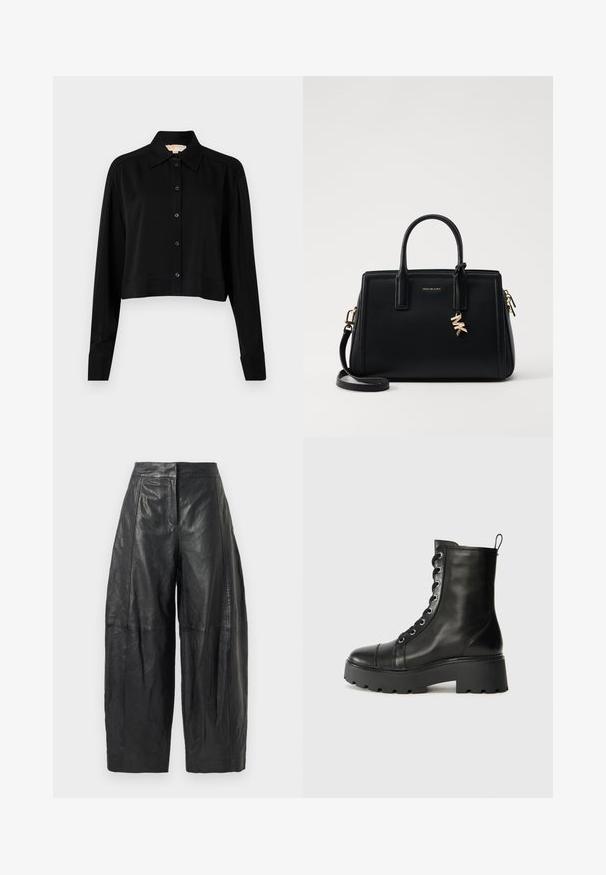 Zwarte cropped shirt met lange mouwen, een spitse kraag en een knoopsluiting aan de voorkant. Gemaakt van soepele stof met een ontspannen pasvorm en manchet-mouwen.; Zwarte leren wijde broek met een hoge taille, voorzien van subtiele naden en een gladde textuur. Kort afgesneden tot halverwege het kuit.; Zwarte leren enkellaars met een ronde neus, stevige rubberen zool en metalen oogjes. Beschikt over een vetersluiting en een trekband aan de achterkant.; Zwarte leren handtas met gestructureerd ontwerp, dubbele handvatten aan de bovenkant, afneembare schouderband, gouden hardware en een logo charm accent.