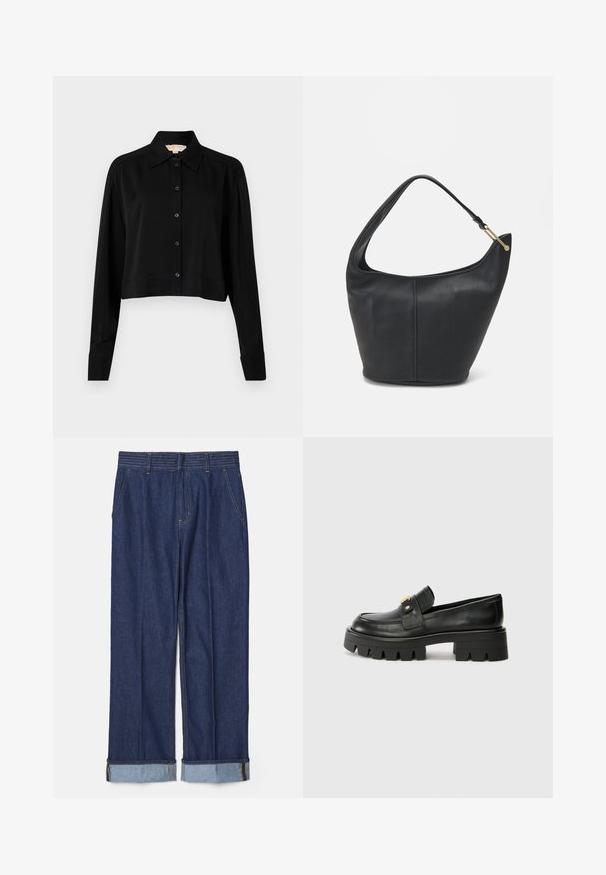 Black cropped shirt with long sleeves, a pointed collar, and button front. Made from smooth fabric with a relaxed fit and cuffed sleeves.; Dark blue denim trousers with a straight-leg design, featuring five pockets and rolled cuffs with light blue contrast stitching.; Black leather loafers with a chunky sole, featuring a gold-tone accent on the front and a smooth finish. Chunky tread design on the sole.; Black leather handbag with a rounded shape, a wide strap, and a textured finish. Features a subtle seam detail and a gold-tone hardware accent.