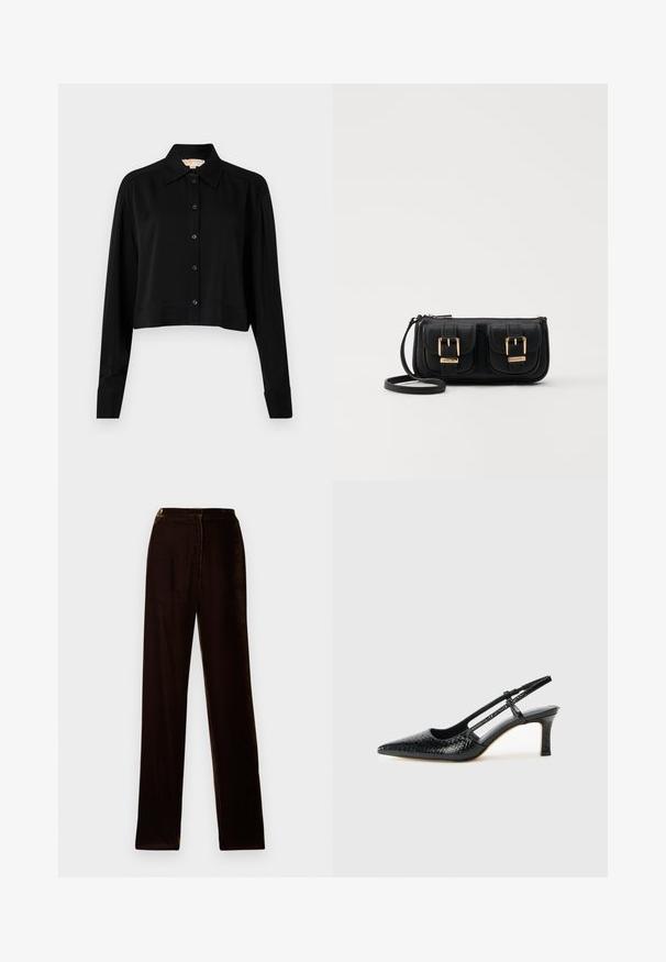 Black cropped shirt with long sleeves, a pointed collar, and button front. Made from smooth fabric with a relaxed fit and cuffed sleeves.; Brown velvet trousers with a straight fit, featuring a smooth texture and subtle sheen, designed with a standard waistband and side seams.; Black patent slingback heel with a pointed toe, featuring textured snake print, adjustable strap, and a short, textured block heel.; Black leather crossbody bag with two front pockets, gold buckles, zipper closure, and a slim strap. Textured surface and compact rectangular shape.