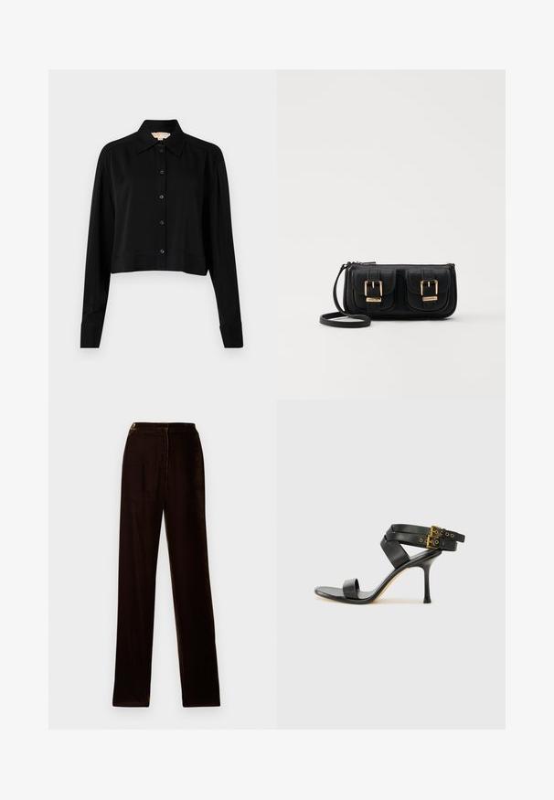 Chemise noire courte à manches longues, col pointu et fermeture par boutons. Fabriquée en tissu lisse avec une coupe décontractée et des manches à poignets.; Pantalons en velours marron à coupe droite, présentant une texture lisse et un éclat subtil, conçus avec une taille standard et des coutures latérales.; Sandale à talons noirs avec des straps croisés et une boucle ajustable. Elle présente une texture lisse et un talon aiguille effilé.; Sac en cuir noir porté en travers avec deux poches avant, boucles dorées, fermeture zippée et une sangle fine. Surface texturée et forme rectangulaire compacte.