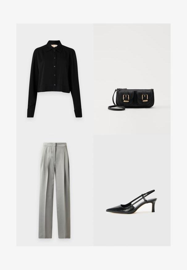 Must must shirt, mille pikkade varrukatega, terava kraega ja nööpidega esiosas. Valmistatud siledast kangast, millel on mugav lõige ja mansetiga varrukad.; Heledad hallid püksid, millel on sile tekstuur, esiosal voltid, laia säärekujundusega ja sobiv talje.; Mustmust paelad, millel on terav varvas, tekstuuriga maduprindiga, reguleeritav rihm ja lühike tekstuuriga plokknina.; Must küllastamata nahast õlakott, millel on kaks esist nähtavat taskut, kuldsed pandlad, tõmblukuga sulgemine ja peen rihm. Tekstuuriga pind ja kompaktne ristkülikukujuline kuju.