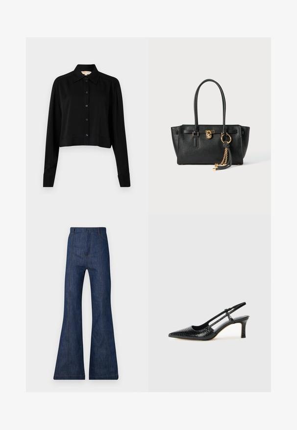 Cămașă neagră scurtă cu mâneci lungi, guler ascuțit și închidere cu nasturi. Fabricată dintr-un material neted, cu o croială lejeră și mâneci cu manșete.; Jeans evazati din denim de culoare albastră închisă, cu talie înaltă, având cusături vizibile și două buzunare frontale. Textură netedă și deschidere largă a piciorului.; Pantofi cu toc slingback negri din patent, cu vârf ascuțit, cu imprimeu de șarpe texturat, curea ajustabilă și toc scurt texturat.; Geantă de mână din piele neagră cu mânere duble, lacăt aurit și detalii cu lanț, împreună cu un accesoriu cu ciucuri alb-negru, pe fond alb.