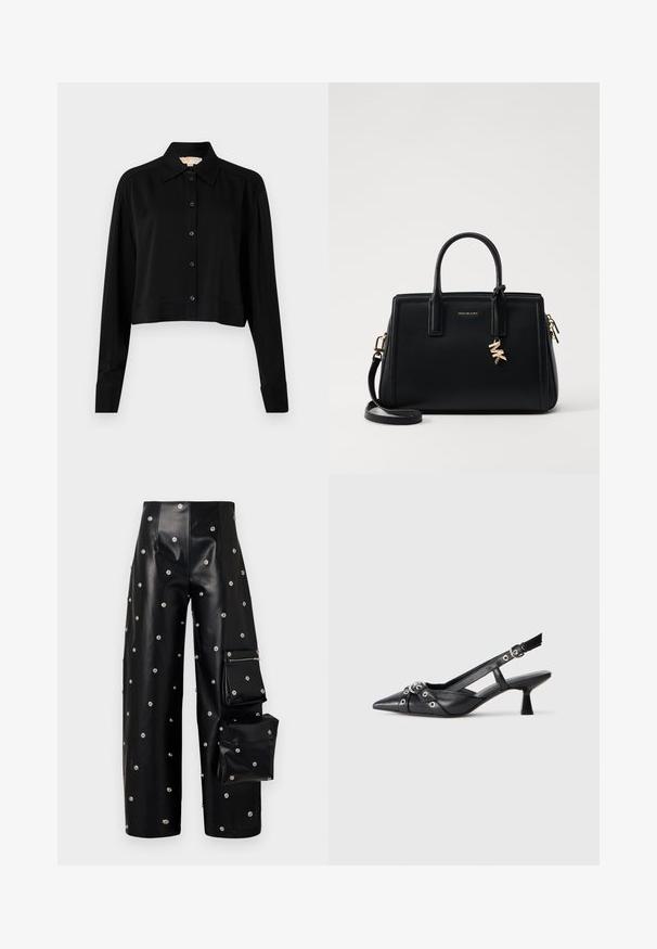 Čierna skrátená košeľa s dlhými rukávmi, špicatým golierom a zapínaním na gombíky. Vyrobená z hladkej látky s voľným strihom a manžetovými rukávmi.; A.W.A.K.E. MODE COVERED TROUSER WITH SNAP ON POCKETS - Nohavice - black; Čierne kožené slingback topánky s špicatou špičkou, ozdobnými popruhmi s kovovými očkami a nízkym blokovým podpätkom. Textúrovaný povrch.; Čierna kožená kabelka so štruktúrovaným dizajnom, dvojitými hornými uchami, odnímateľným ramenným popruhom, zlatými kovovými detailmi a akcentom logového prívesku.